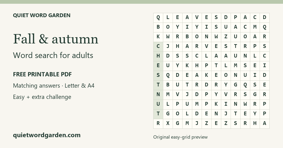 Fall & Autumn printable word search preview, with part of the original easy grid