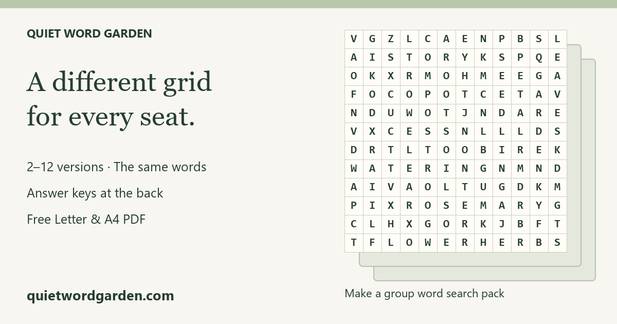 Three original word search sheets, showing different grids from the same garden word list