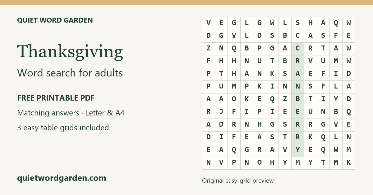Thanksgiving printable word search preview, with part of the original easy grid